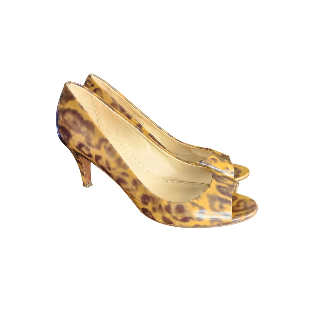 J.Crew Peep Toe Pumps Womens 7.5 Brown Leopard Patent Leather Made in Italy
